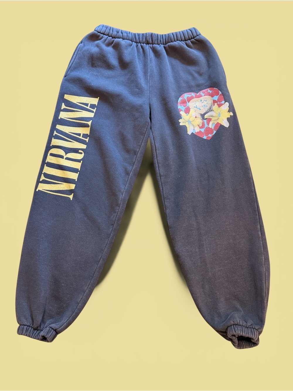 NIRVANA gray Sweatpants with Yellow Logo and Multicolor Heart Shape Box